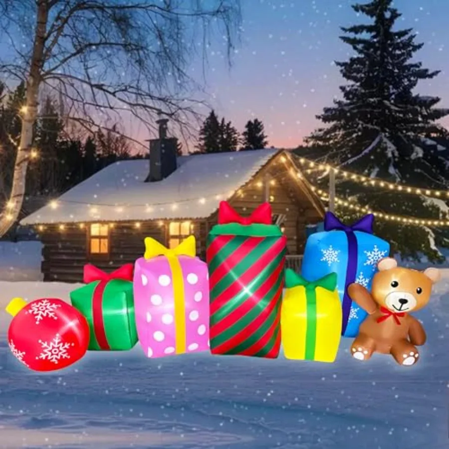 

8 FT Christmas Inflatable Gift Boxes with Ball and Bear Decoration Xmas Blow Up LED Lighted for Lawn Yard Garden Home Indoor Ou