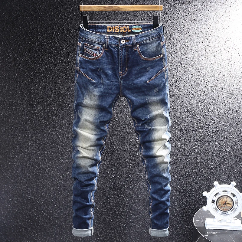 

Italian Style Fashion Men Jeans Retro Washed Blue Stretch Slim Fit Spliced Ripped Jeans Men Vintage Designer Casual Denim Pants