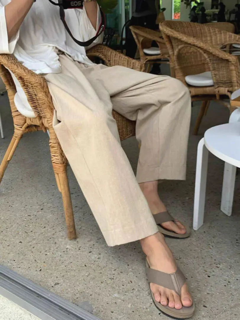 

American Retro Linen Wide Leg Pants Men Loose Straight Casual Long Cotton Linen Breathable Wrinkle Dad Workwear Trendy