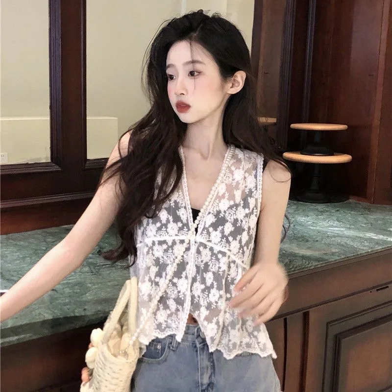 

Women's Beige White Crochet Lace Vest Summer Holiday Beach Boho Sleeveless Cardigan Korean Style Cute Hollow Out Sheer Mesh Top