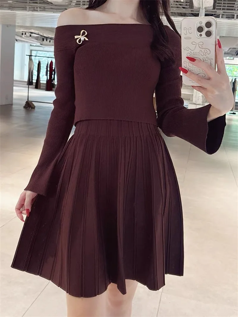 Office Lady Elegant Slash Neck Pullover Sweater Sexy Off Shoulder Flare Long Sleeve Top Loose All-match Sweet Bow Brooch Jumpers