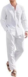 Mens Casual Linen Two Piece Sets 2024 Europe Style Vintage Basic Tops and Solid Pants Suit Male Beach Tracksuits Set