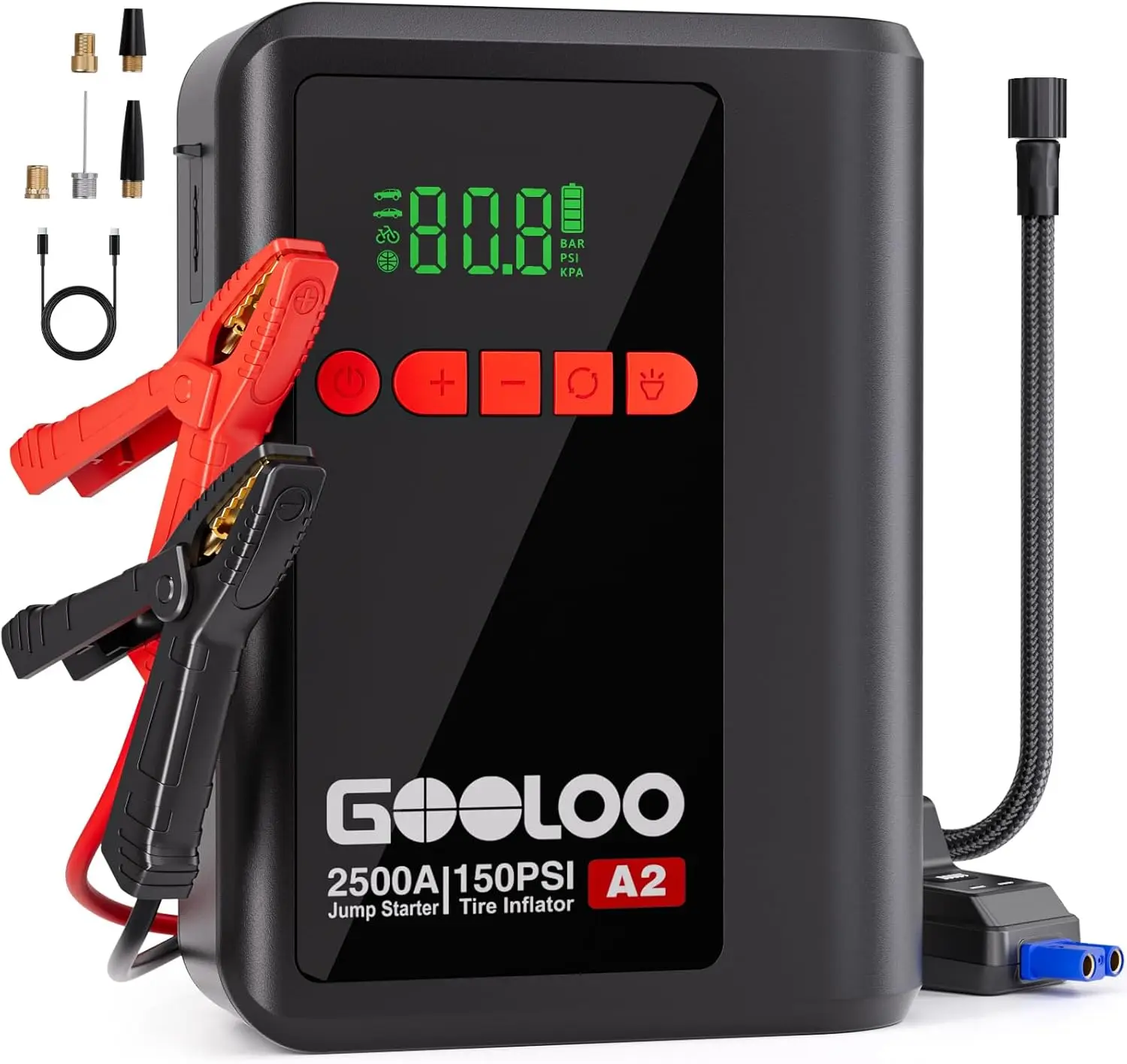 

8-in-1 Jump Starter with Air Compressor, Car Battery Booster for Gas/Diesel Engines, Cordless Tire Inflator with Auto-Shutoff
