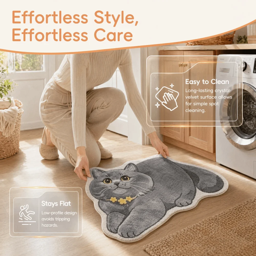 Soft Surface Cat Shape Floor Mat 2D Printed Cute Outline Crystal Velvet Rug Easy Clean Skin Friendly Animal Area Rug