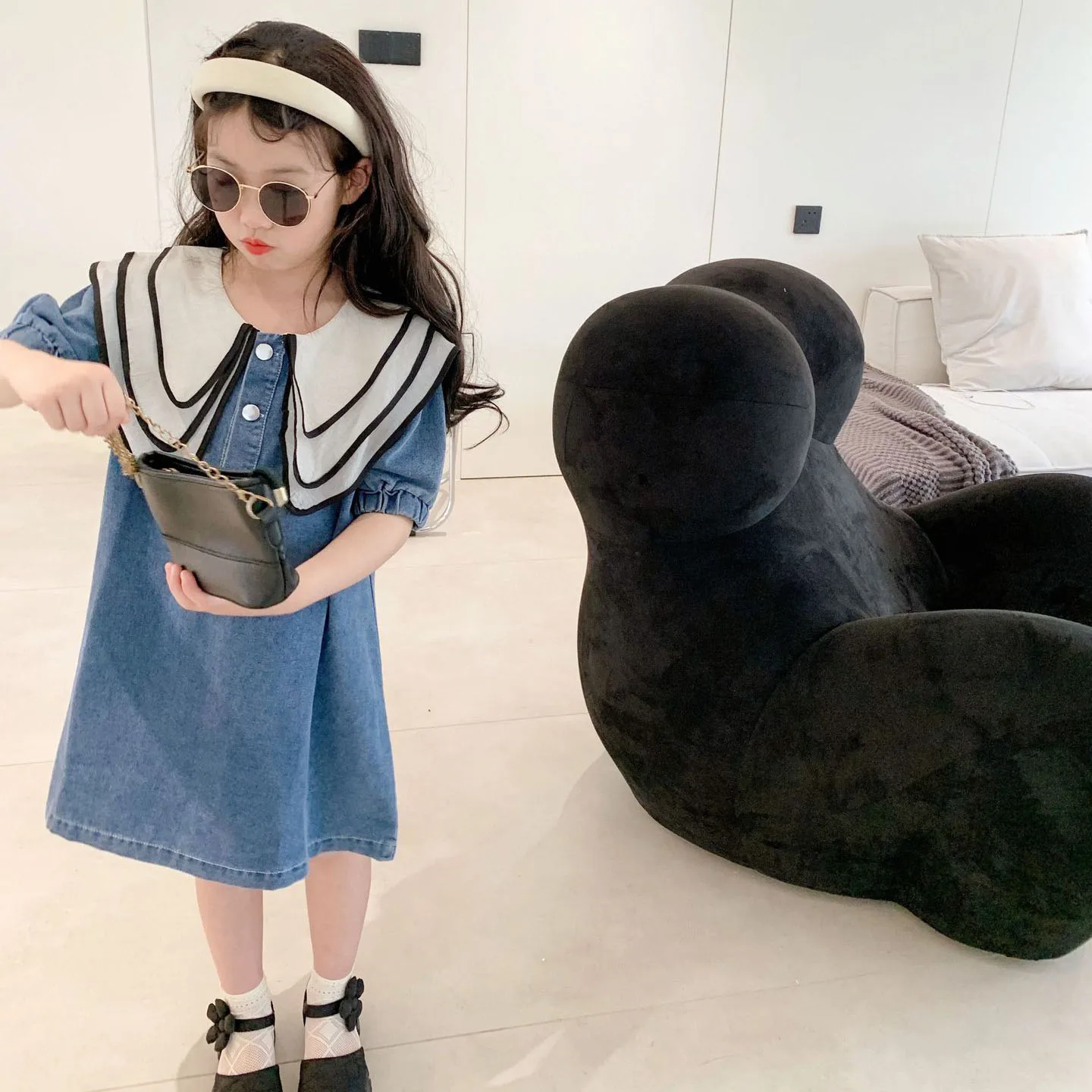 Summer Girls' Denim Dress Korean Style Doll Neck Short Sleeve Princess Dress Denim Baby Kids Clothing Girls Fashion Kids Outfit