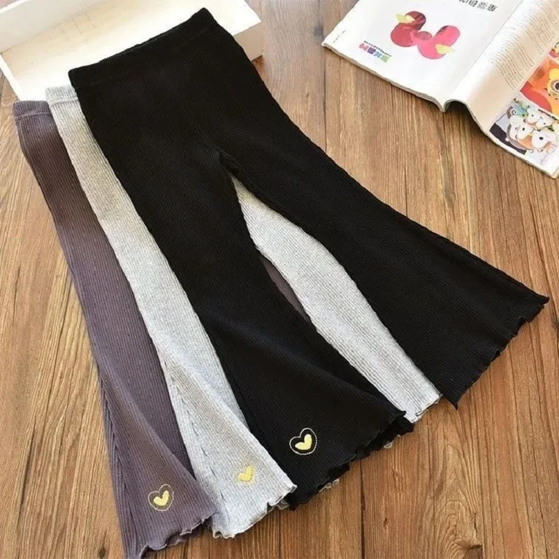 Spring and Autumn Children's Pants Fashionable Embroidery Love Girl Leggings Solid Color Casual Girl Bell Pants