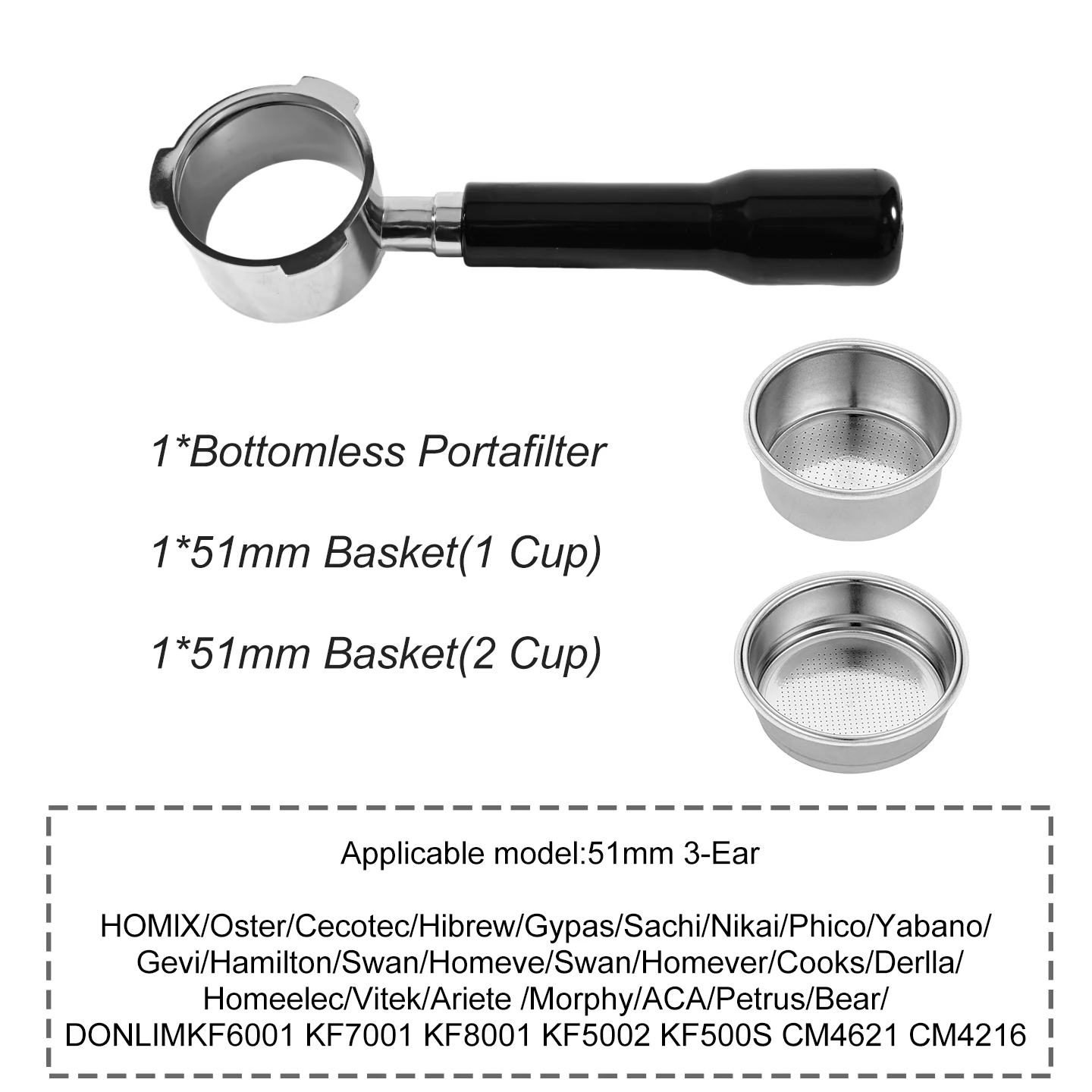 Kaffee-Siebträger ohne Boden, 51 mm, für Homix H11 Oster Cecotec Hibrew 1 2Cup, Ersatzfilterkorb, Espresso-Maschinen-Zubehör