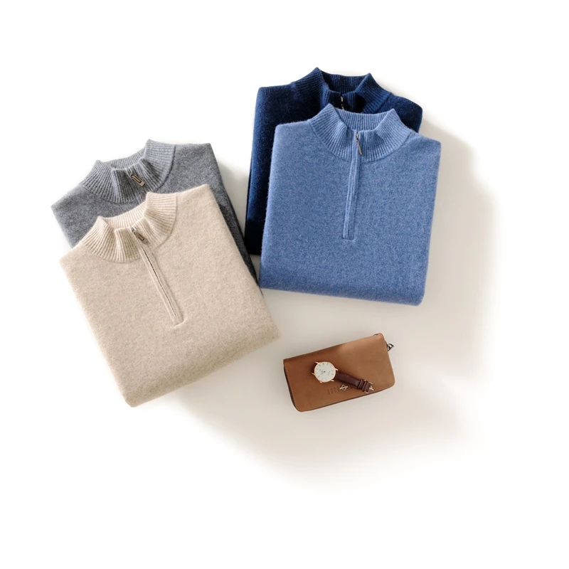 Men's 100% Goat Cashmere Half High Collar Zipper Pullover 2025 Spring Autumn New Knitted Base Sweater Business Casual Men's Wear