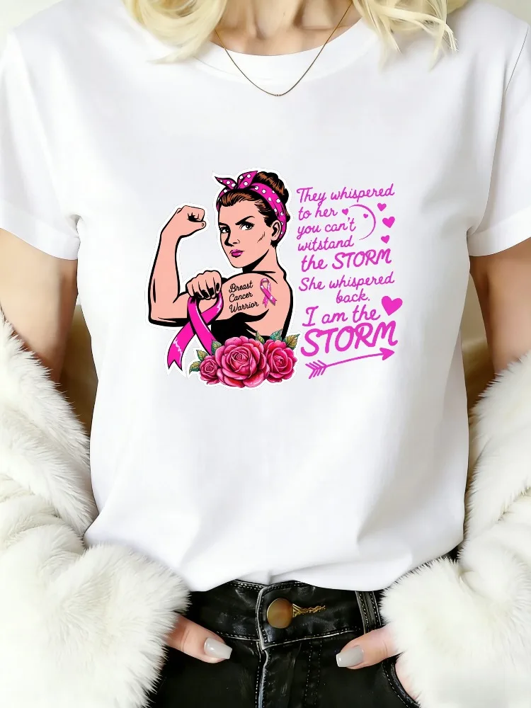 Womens Fashionable Crew-Neck T-Shirt Cotton Casual Short-Sleeve T-Shirt for Breast Cancer Awareness Plus Size Top Women Clothing