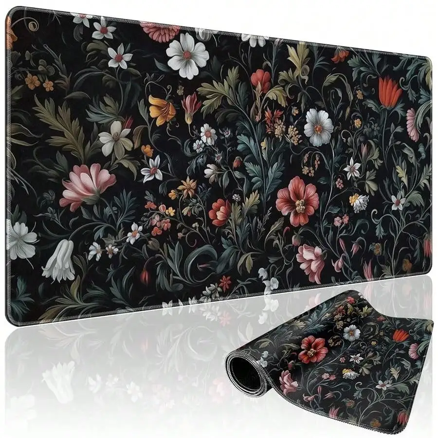 Large Floral Gaming Pad 31.5x15.7 Inch Aesthetic Desk Mat Non-Slip Rubber Base Stitched Edges