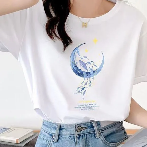 Loose Fit Pure Cotton Short Sleeve T-Shirt Women's Summer Fashion Print round Neck Spring Autumn Casual Style Geometric Pattern