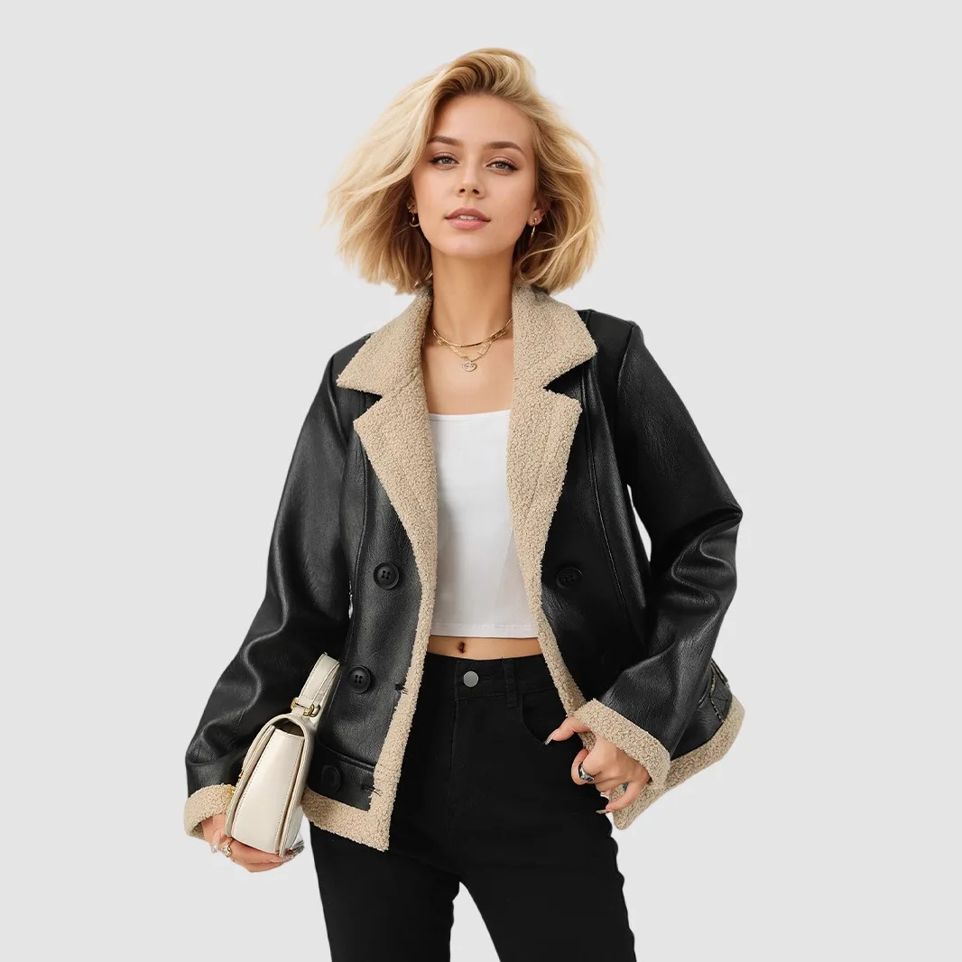 Fleece thickened leather jacket small fragrant lapel PU fur integrated