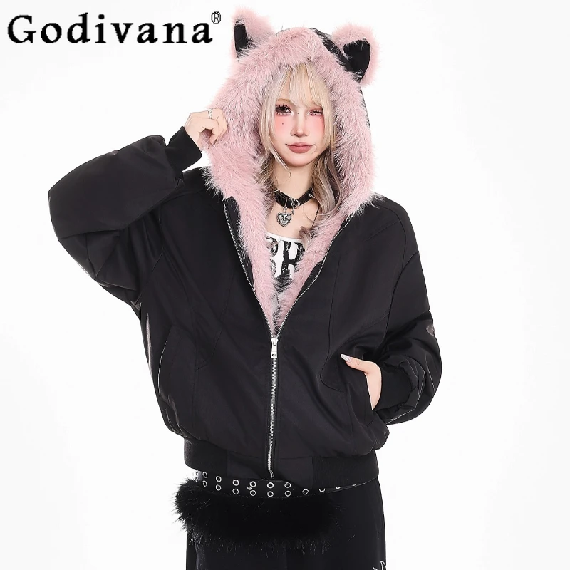 

Cute Hooded Cotton Jacket for Women Winter Retro Cat Ear Thickened Parkas Female Japanese Style Warm Sweet Parka Coat