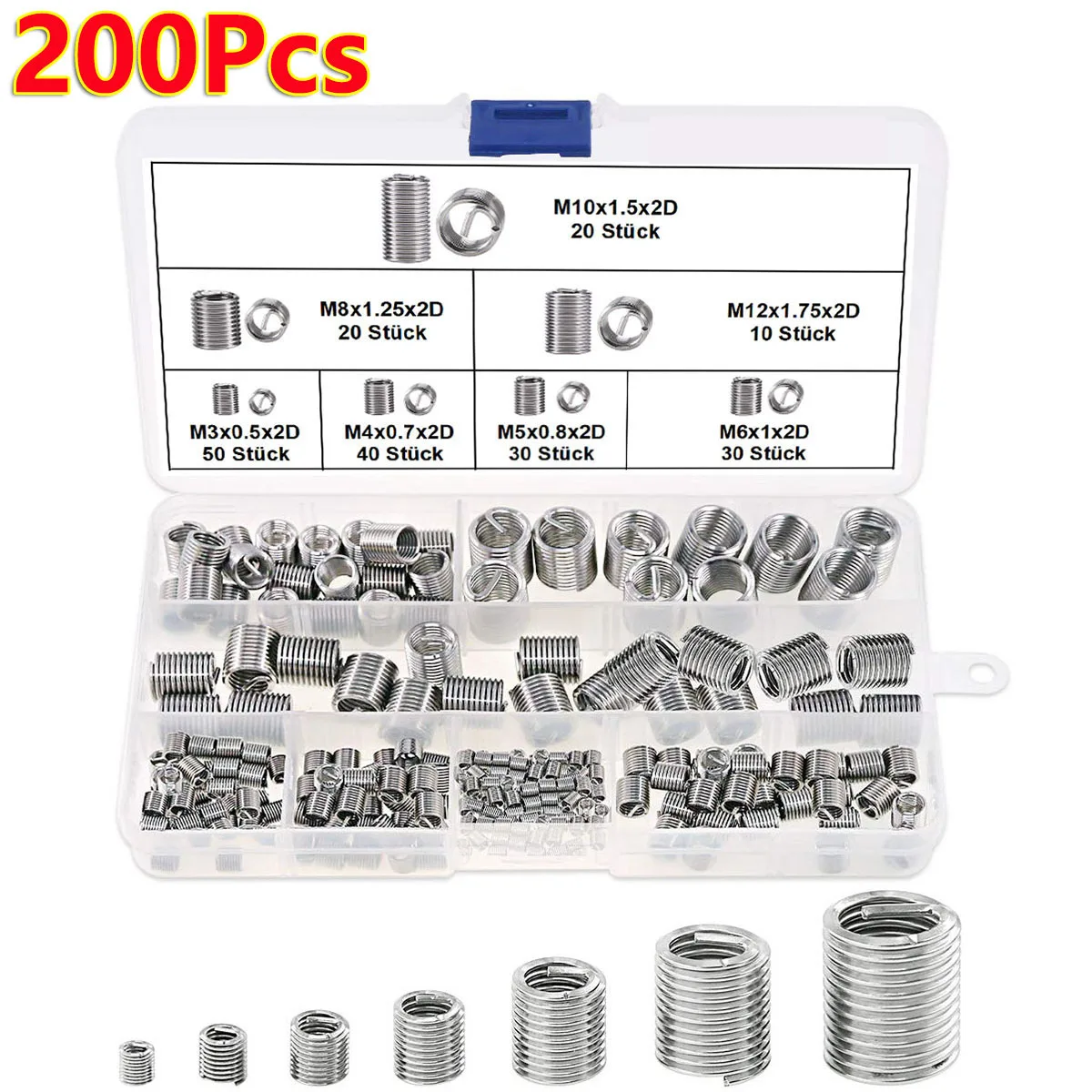200Pcs M3-M12 Thread Metric Thread Screw Repair Insert Assortment Set Thread Inserts Insert Fasteners Hardware Repair Tool Parts