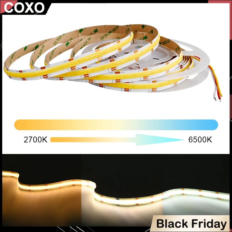 COB CCT LED Strip Lights 608 LEDs/m High Density Flexible Dimmable FOB Led Tape 2700K to 6500K Changeable Lighting DC12V 24V