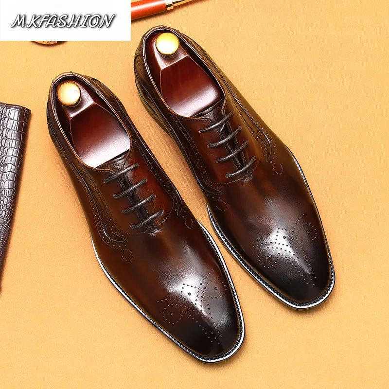 Men's Business Dress Carving Blok Shoes Pointed Toe Genuine Leather Lace Up Flats Wedding Party Shoes Footwear
