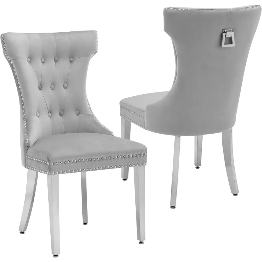 Velvet Dining Chairs Set of 2 Upholstered Dining Room Chair with Stainless Legs Tufted Kitchen Chair with Button Back and Pull