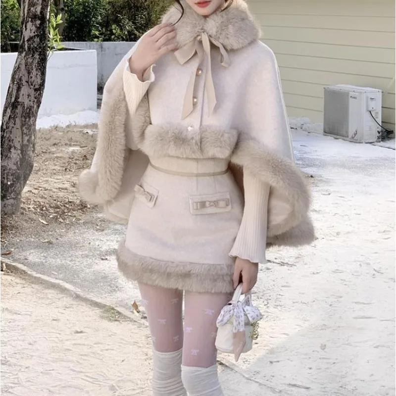 Little Princess French Lady-style Woolen Suit for Women, New Winter Collection Furry Cape and Skirt Two-piece Set