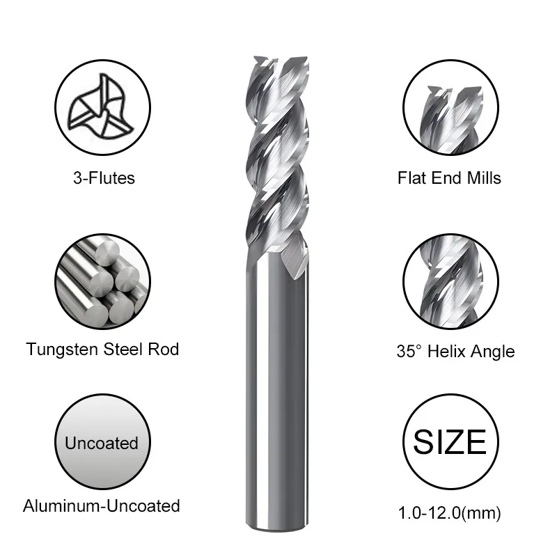 AZZKOR Milling Cutter 50.0-75.0MM Length Tungsten Steel Carbide 3-Flutes Flat End Mills  For CNC Machining 10CPS Endmills Tools