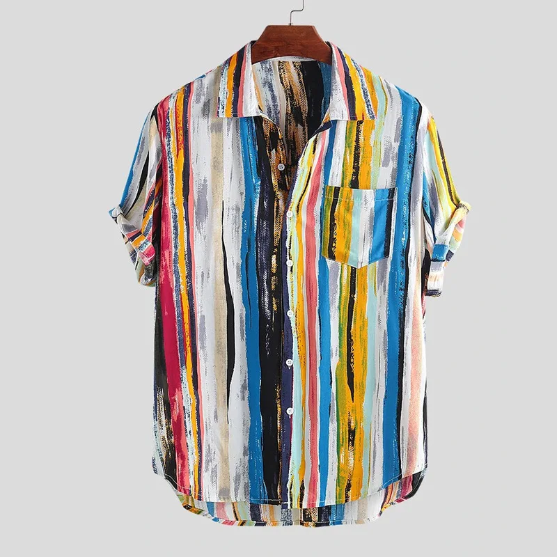Summer Men's Loose Casual Striped Short Sleeve Men's Shirt Beach Print Shirt