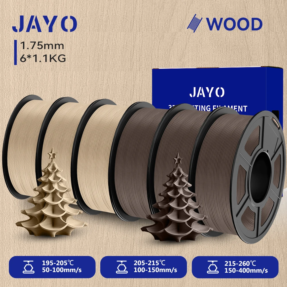 JAYO 6 Rollen 3D-Holz-PLA-Druckerfilament, 1,75 mm, 15 % echte Holzfaser und umweltfreundliches HOLZ, passend für die meisten FDM-3D-Drucker