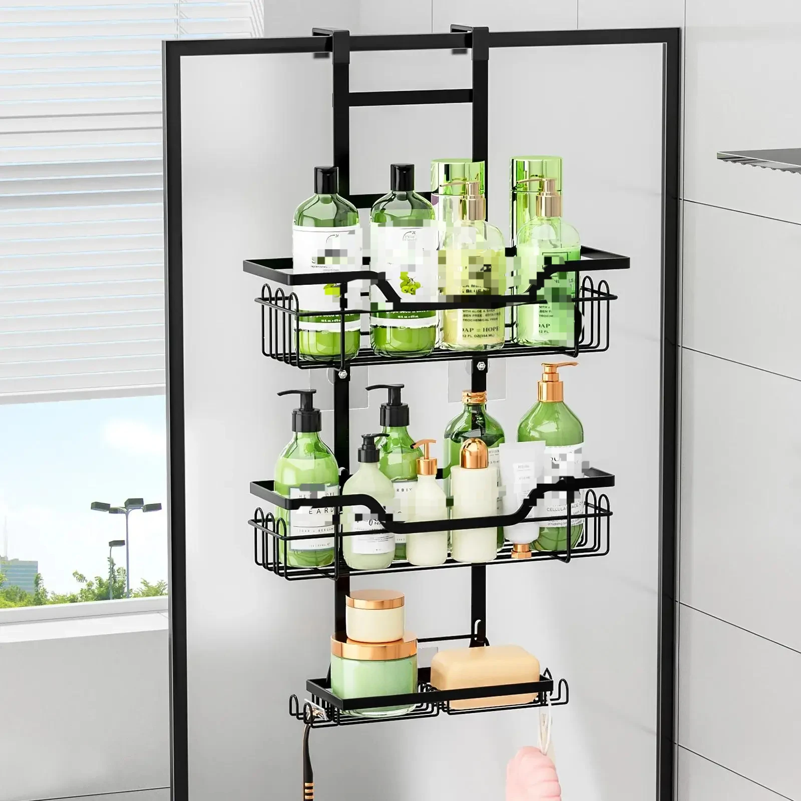 Drill-Free Bathroom Shelf Over Door Hanging Organizer Wall-Mounted Basket Rack Multi-Layer Shower Room Storage Shelf for Toilet