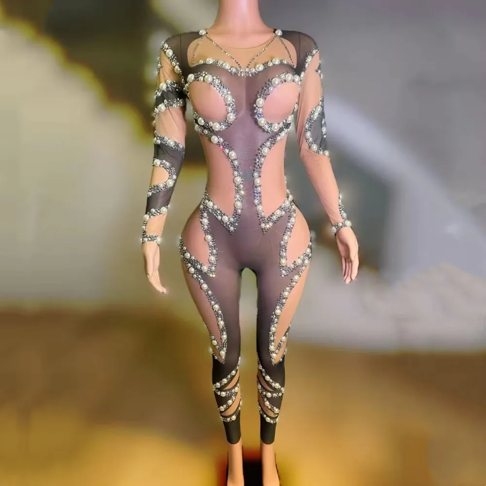 Frauen Sexy Mesh Perle Kristall Overall Hochwertige Bühne Leistung Trikot Nachtclub Party Sänger Tänzer Drag Queen Kostüm