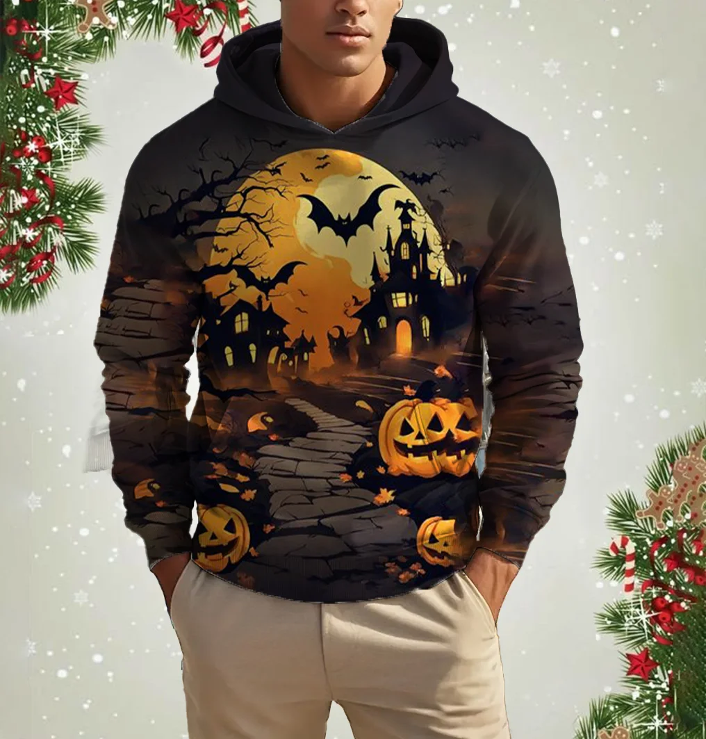 Comfortable Fashion Halloween Demon Hoodie Men's 3D Printed Pumpkin Bat Pattern Pullover Casual Hooded Sweatshirt Long Sleeved