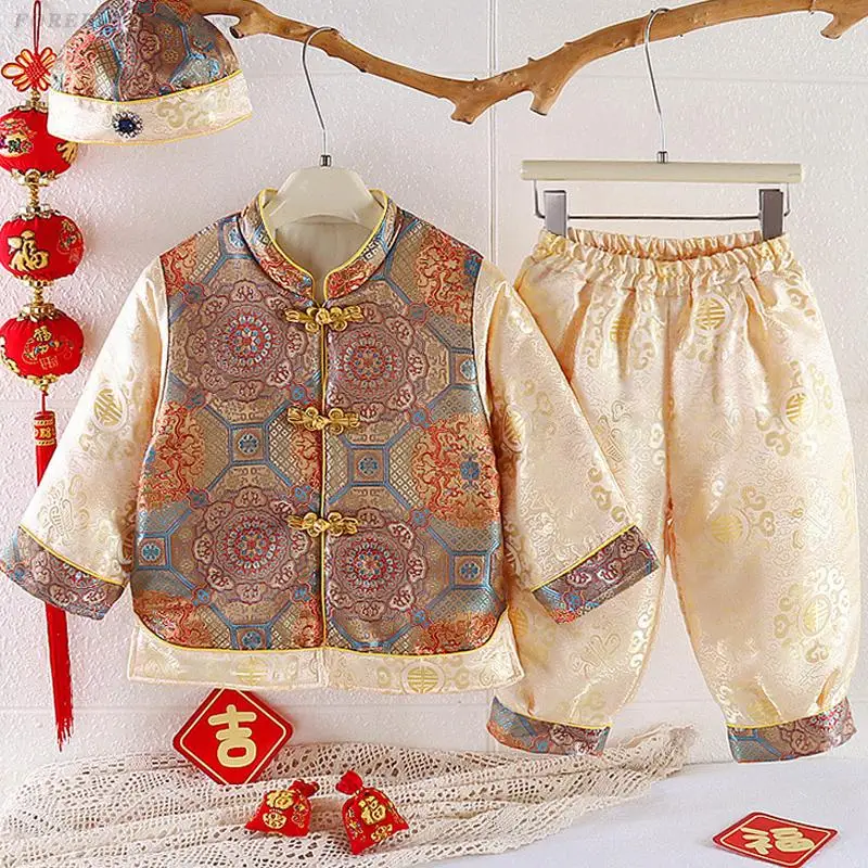 

One-Year-Old Photography Clothing Kids Baby Tang Suit Autumn Winter Thick Warm Shirt Pants Boys Chinese Traditional Hanfu Set