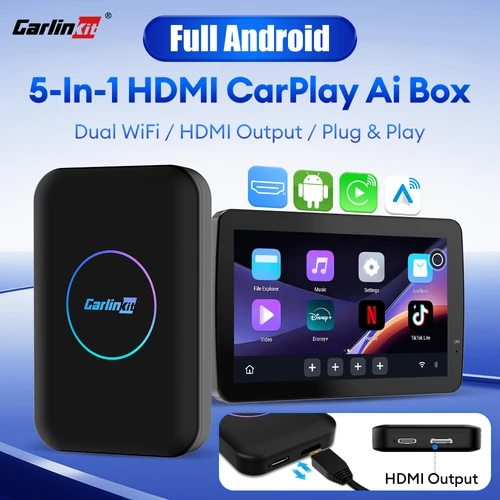Imagen 1 del producto 2025 CarlinKit Full Android Ai Box inalámbrico CarPlay y Android Auto y HDMI para Netflix YouTube 2,4 Ghz y 5 Ghz WiFi BLE conexión automática