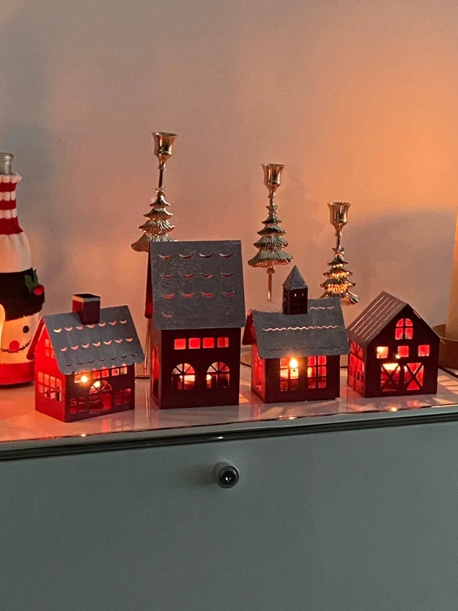 

Shinymomo Creative Desktop Holiday Decor Iron Art Red House New Year Christmas Cartoon Snow House Warm Candlestick