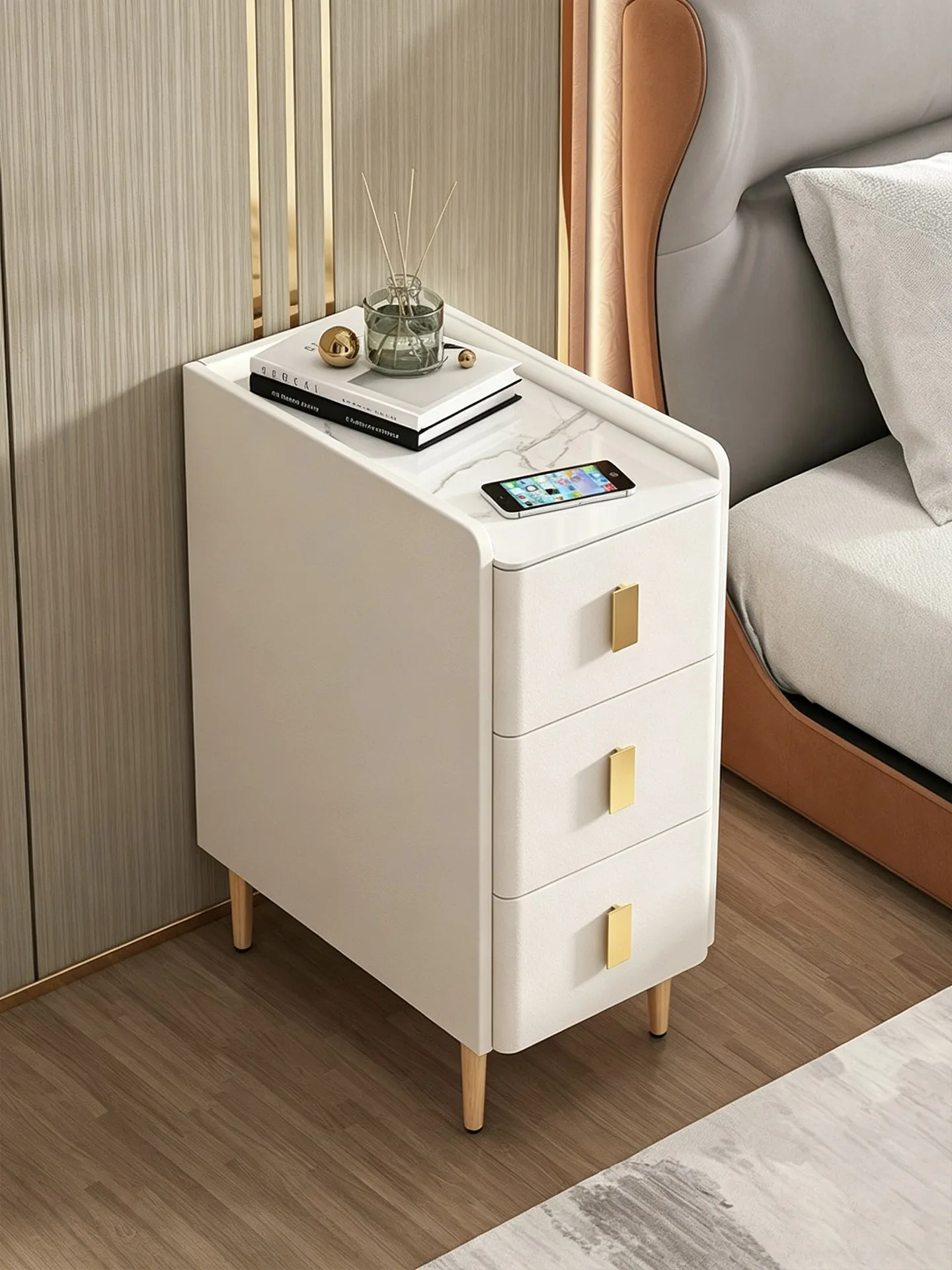 Ultra-Slim Solid Wood Smart Nightstand, 3-Drawer Bedside Storage Cabinet with Wireless Charger & Light