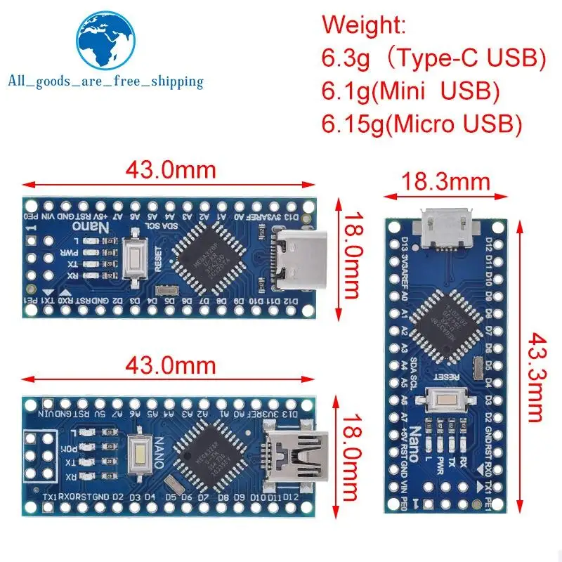 Controlador Nano Compatível com Bootloader para Arduino, USB 3.0, Mini, Tipo-C, Micro, Driver USB CH340, 16Mhz, ATMEGA328P