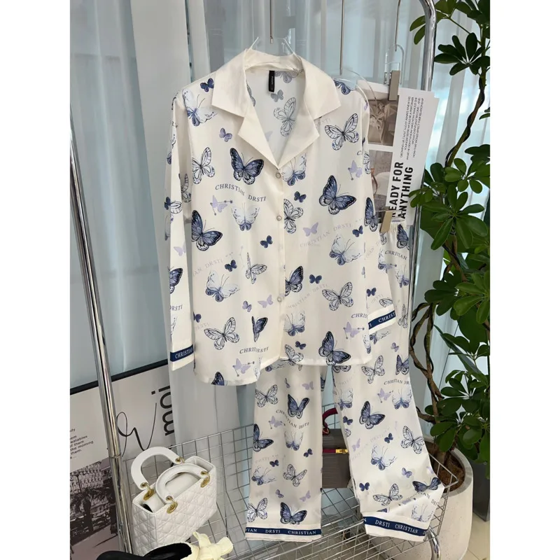 Fashionable Butterfly Print Design Elegant Women\'s Pajamas Chic High Quality Satin Material Herringbone Ice Silk Pyjamas Sets