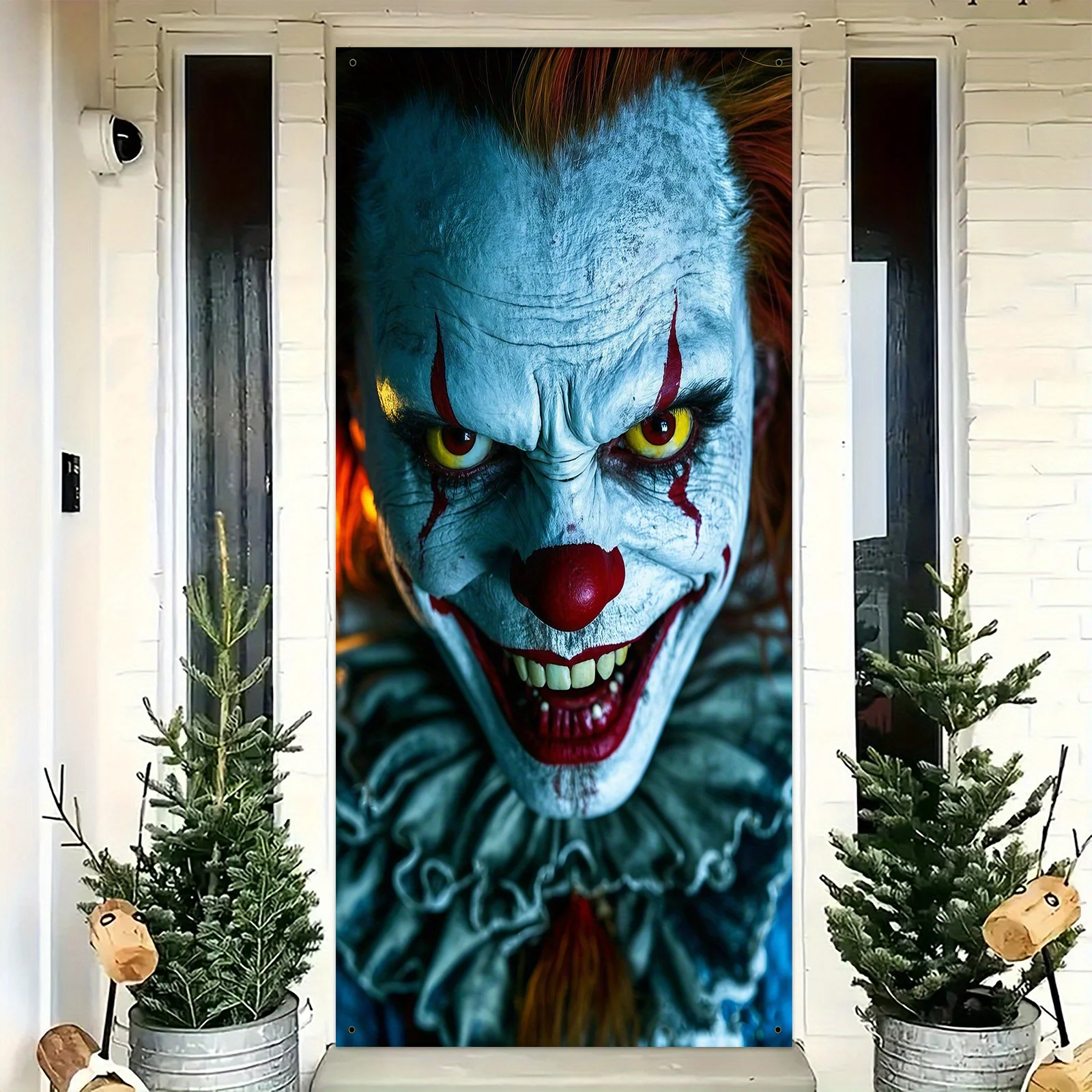 2D flat banner 1PC Halloween theme, scary clown design, blood-red eyes and red lips, terrifying Halloween party decoration view 4