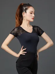 Mesh Patchwork Evening Tops Dance Sports Costume Women Latin Clothes Slim Fit Pole Practice Wear V Neck Ballroom Shirt