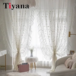 White Floral Embroidered Sheer Tulle French Ruffle Linen Curtains For Living Room Bedroom Door Window Breathable Voile Drapes