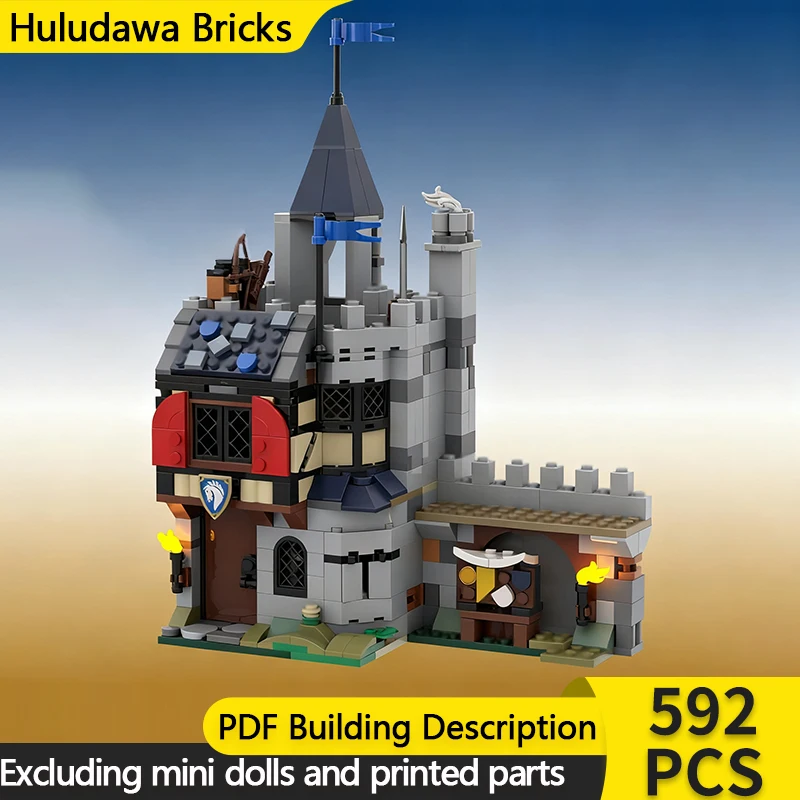 

Средневековый замок, модель MOC, строительные кирпичи, городской охранник, дом, модульная технология, детские праздничные подарки, сборные игрушки, костюм