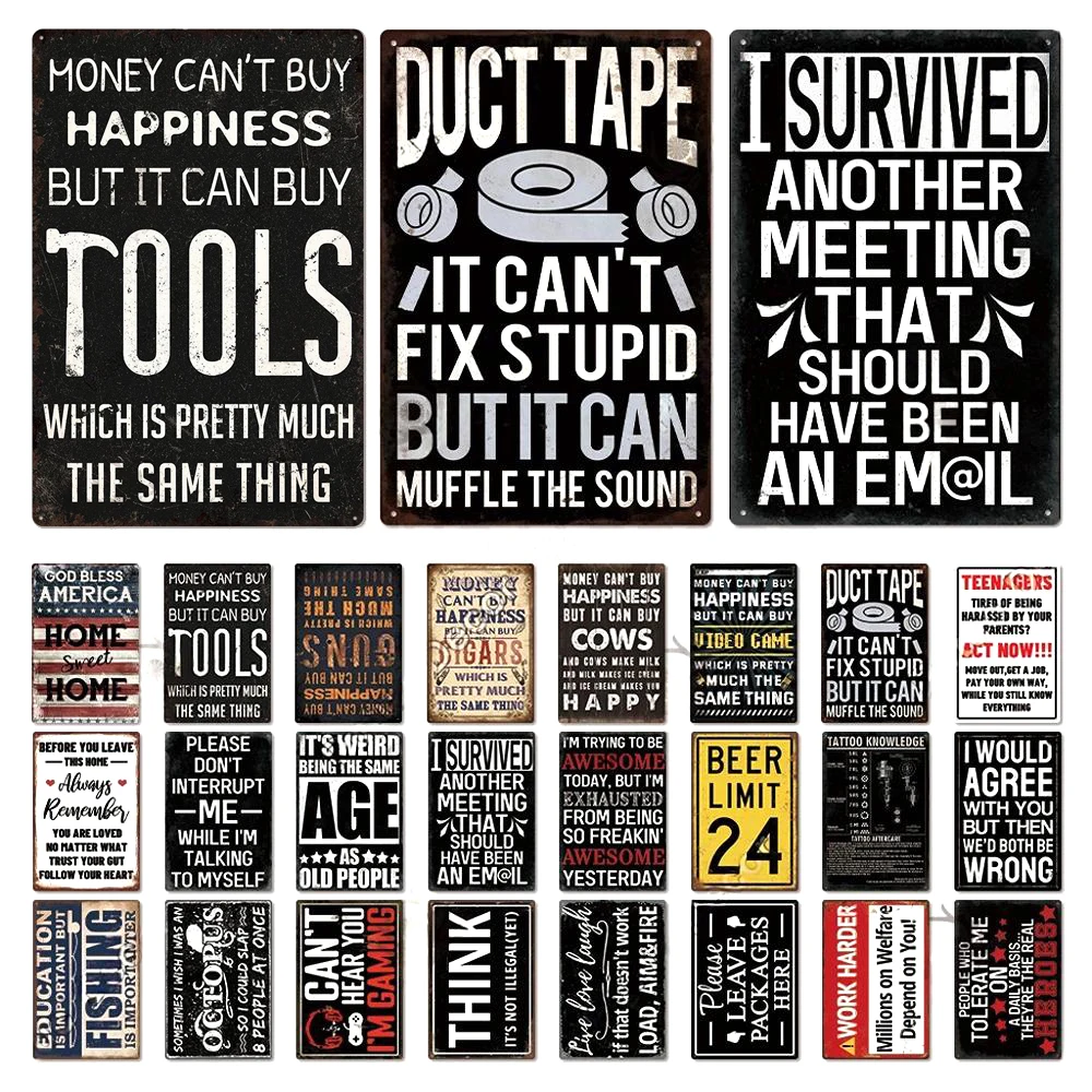 1Pc Vintage 2D Flat Funny Aesthetic Metal Sign Retro Rustic Humor Quote Duct Tape Tool Meeting Sarcastic Metal Wall Art Plaque H