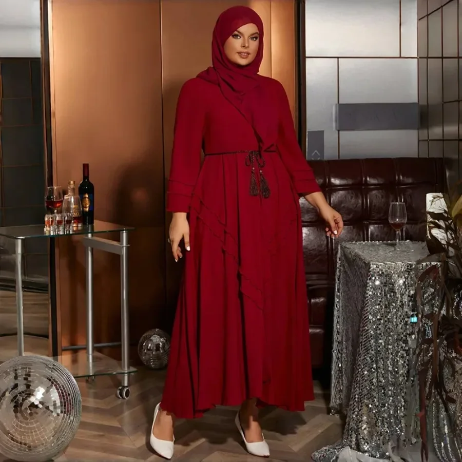 Dengan Hijab gaun Muslim wanita musim panas elegan Mulsim lengan panjang V-neck Kaftan gaun Maxi panjang Abaya Dubai