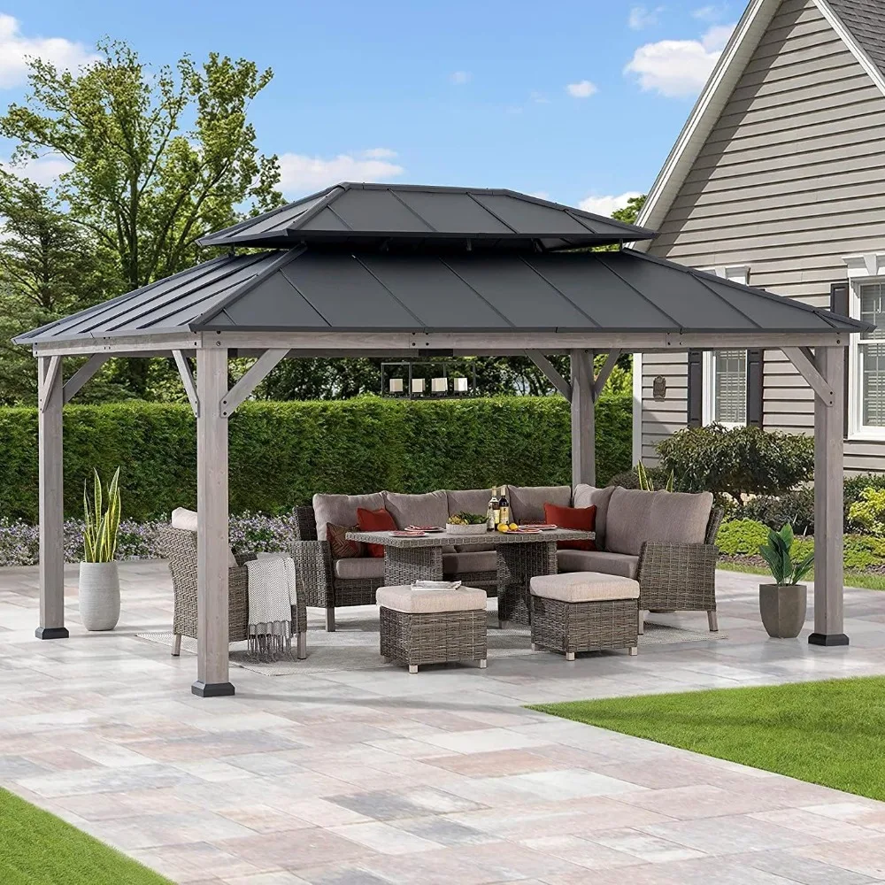 12 x 16 ft. Wood Gazebo, Outdoor Patio Hardtop Gazebo Cedar Framed Wooden Gazebo with 2-Tier Metal Roof