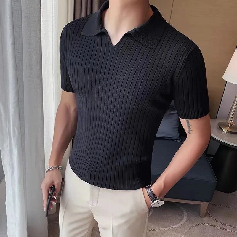 Elastic Slim Breathable Knit Solid Polo Men Short Sleeve T Shirt Summer Fashion Oversized Clothes Black White Yellow Plain Cool