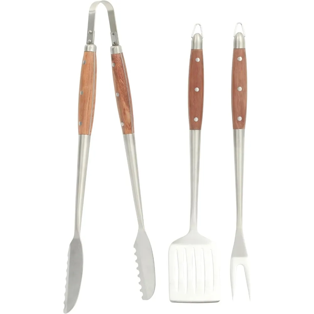 

Heavy Duty Stainless Steel Grilling Tool Set with Wooden Handles, Tongs, Slotted Turner, and Fork for Family Cookouts