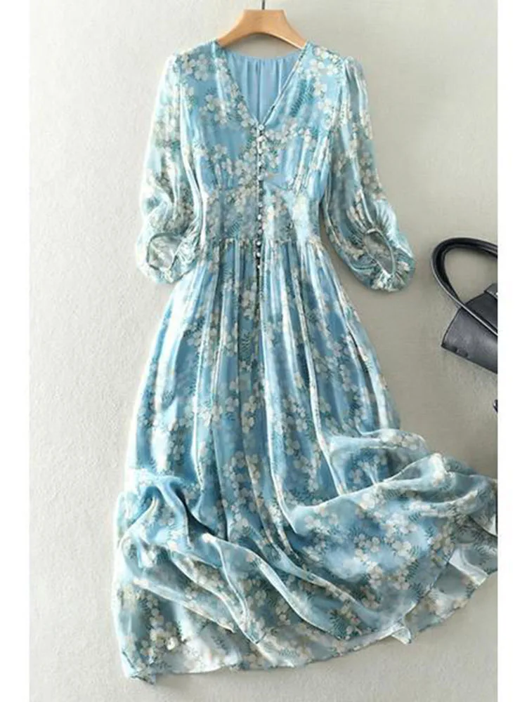 2023 Bohemia Summer Dress For Women Long sleeve V-neck Elegant Blue Chiffon Dresses High Waist Print Beach Long Dresses