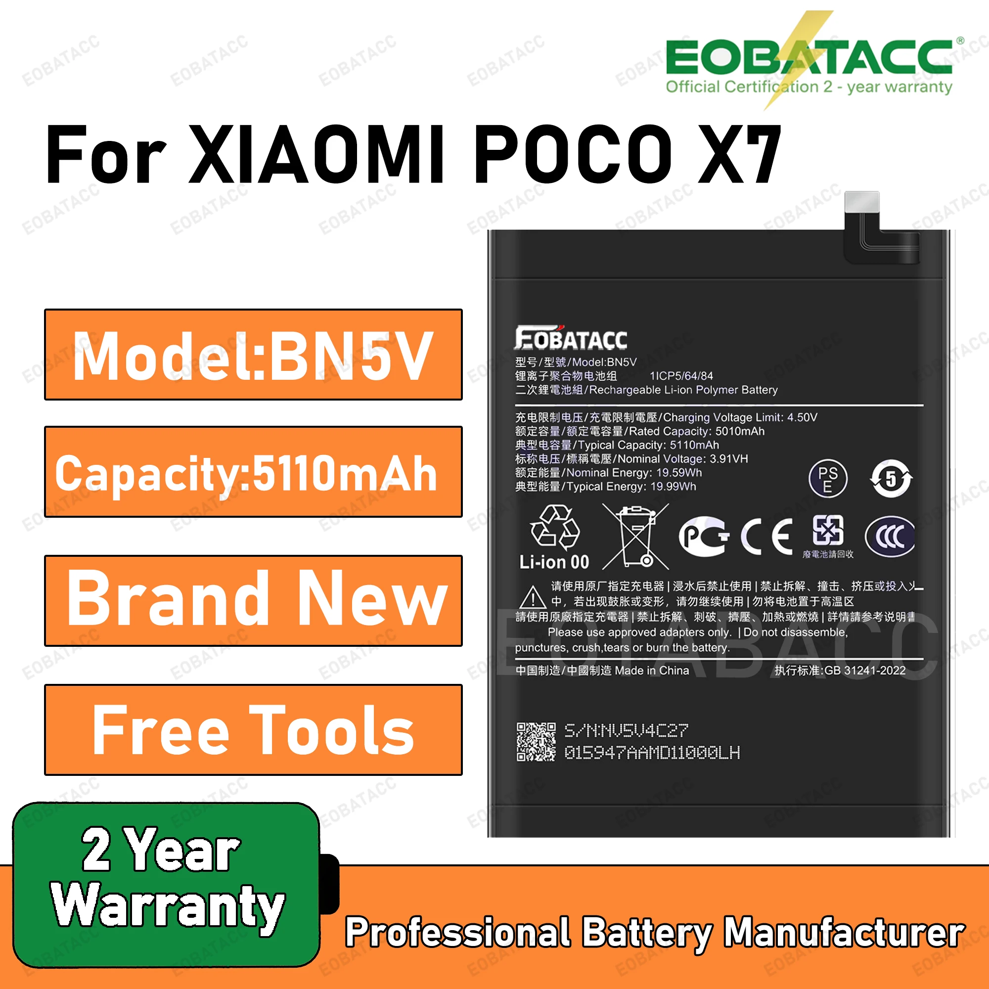 

2025 Years EOBATACC 100% New Battery BN5V 5110mAh For Battery Mi Poco X7 5G Mobile phone battery +Free Tools