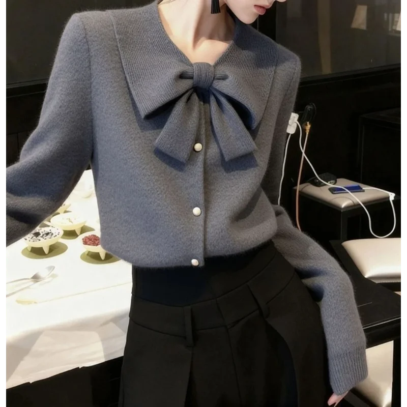 Bow Knit Top Women Autumn Winter New Style Niche Unique Beautiful Mature Temperament Inner Wear Sweater