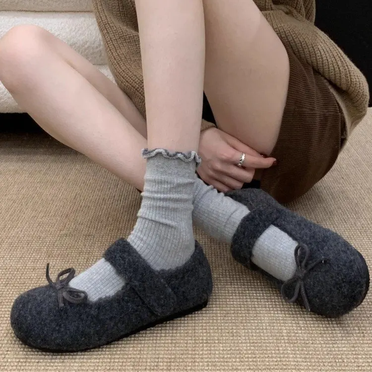 

Женские меховые тапочки с круглым носком, осенне-зимняя верхняя одежда, универсальные теплые хлопковые тапочки с узлом, корейский Sle на плоском каблуке