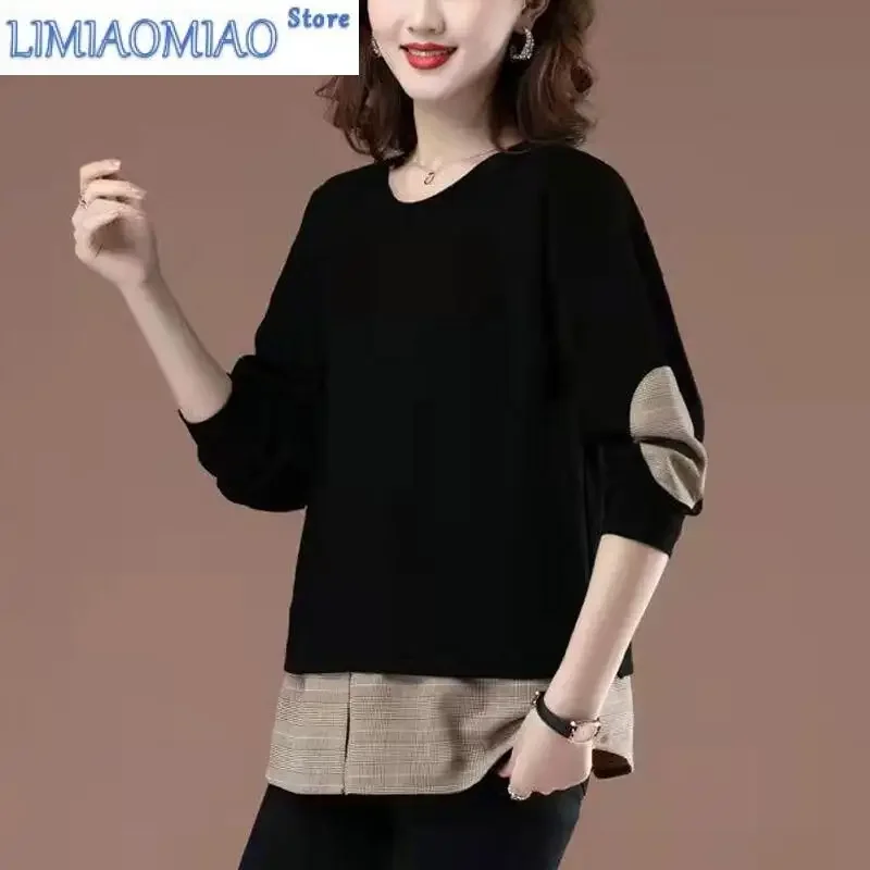 Color Matching Sweatshirts Women Long Sleeve Autumn New Loose Patchwork O-collar Office All-match Lady Casual Fashion Top