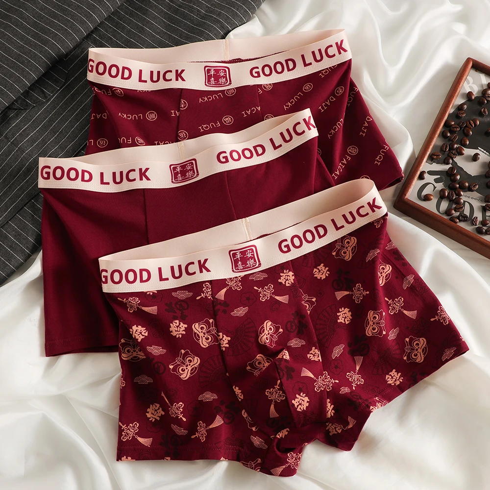 

3PCS/Pack Good Lucky Print New Year Men's Panties 95% Cotton Breathable Mesh Crotch Man Undrewear Celebration Christmas Men Gift