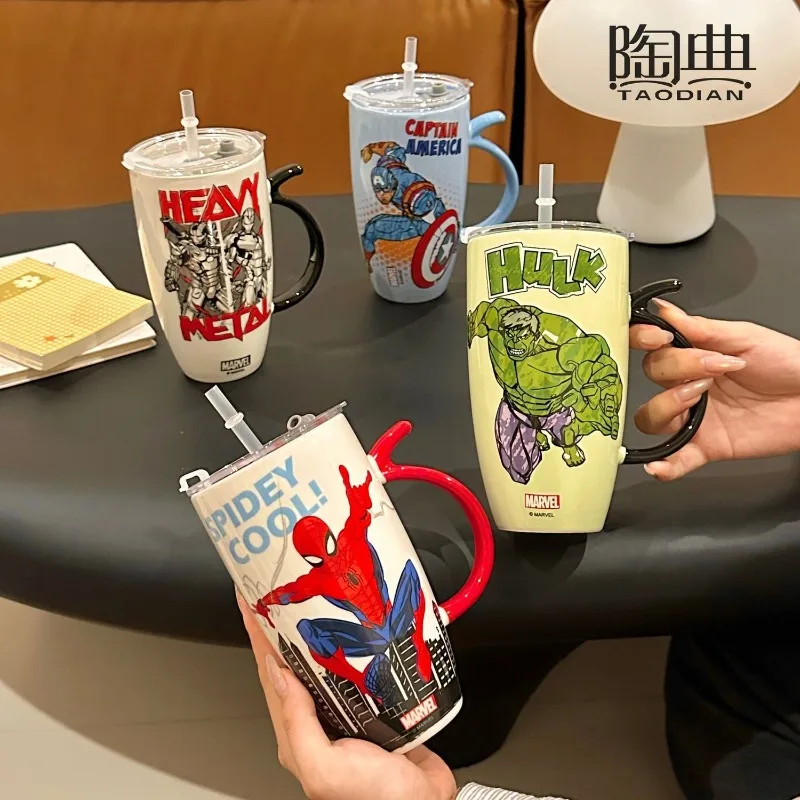 

Marvel Ceramic Straw Cup Spider Man Captain America Avengers Superheroes Water Milk Coffee Anti Scald Mug Large Capacity 580ml
